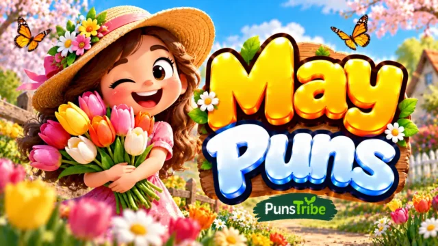 May Puns featured image with a smiling girl holding colorful tulips, spring flowers, and bold glossy 3D typography