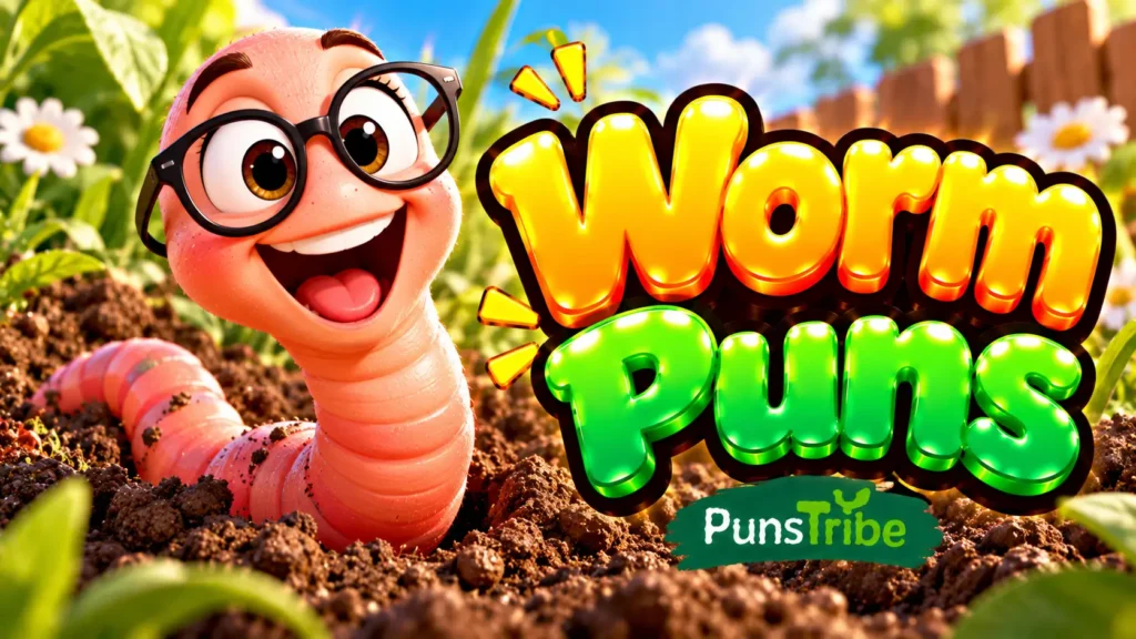 Worm Puns featured image with a smiling cartoon worm and bold glossy yellow and green 3D lettering