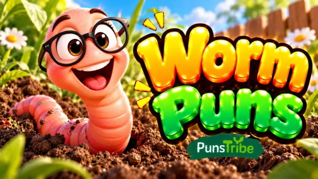 Worm Puns featured image with a smiling cartoon worm and bold glossy yellow and green 3D lettering