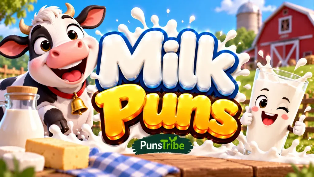 Milk Puns featured image with a smiling cow, a cheerful milk glass mascot, and bold glossy 3D typography