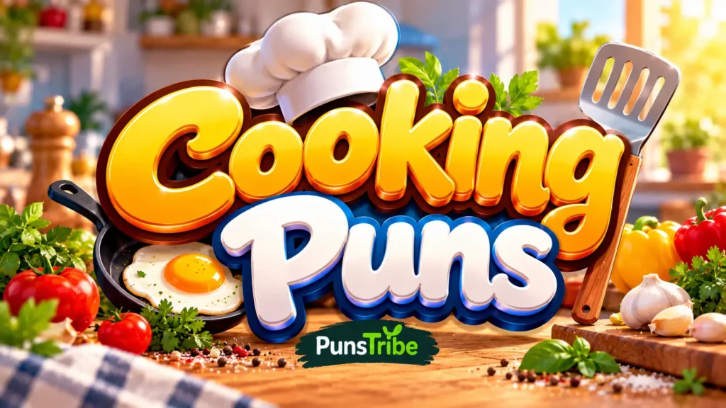 Cooking Puns featured image with chef hat, skillet, vegetables, spices, and bold 3D typography