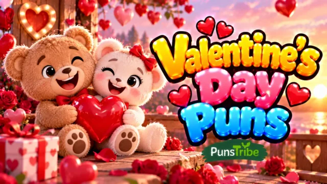 Valentine's Day Puns featured image with cute teddy bears, a shiny red heart, roses, and glossy 3D text