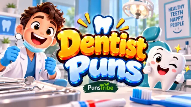Dentist Puns featured image with a smiling dentist, a happy tooth mascot, and bold glossy 3D typography