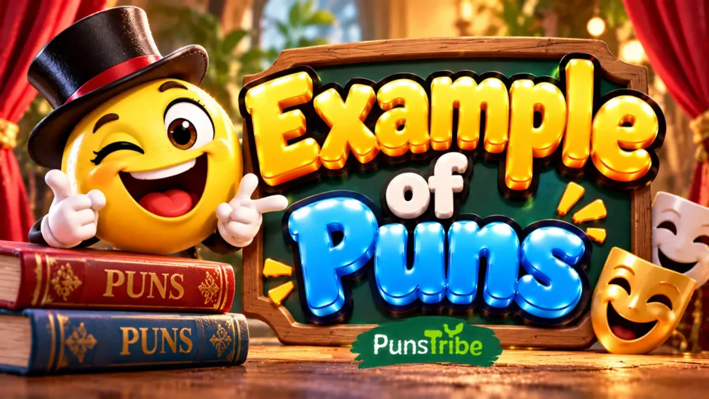 Example of Puns featured image with bold gold and blue 3D lettering and a cheerful cartoon mascot