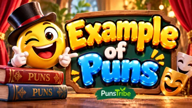 Example of Puns featured image with bold gold and blue 3D lettering and a cheerful cartoon mascot