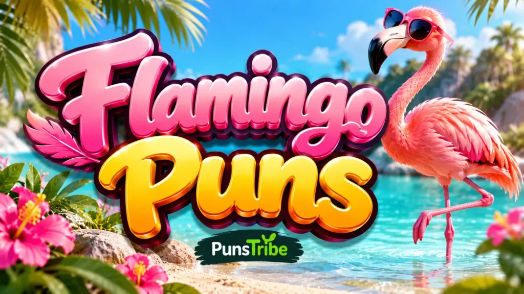 Colorful tropical flamingo with bold Flamingo Puns 3D typography by Puns Tribe
