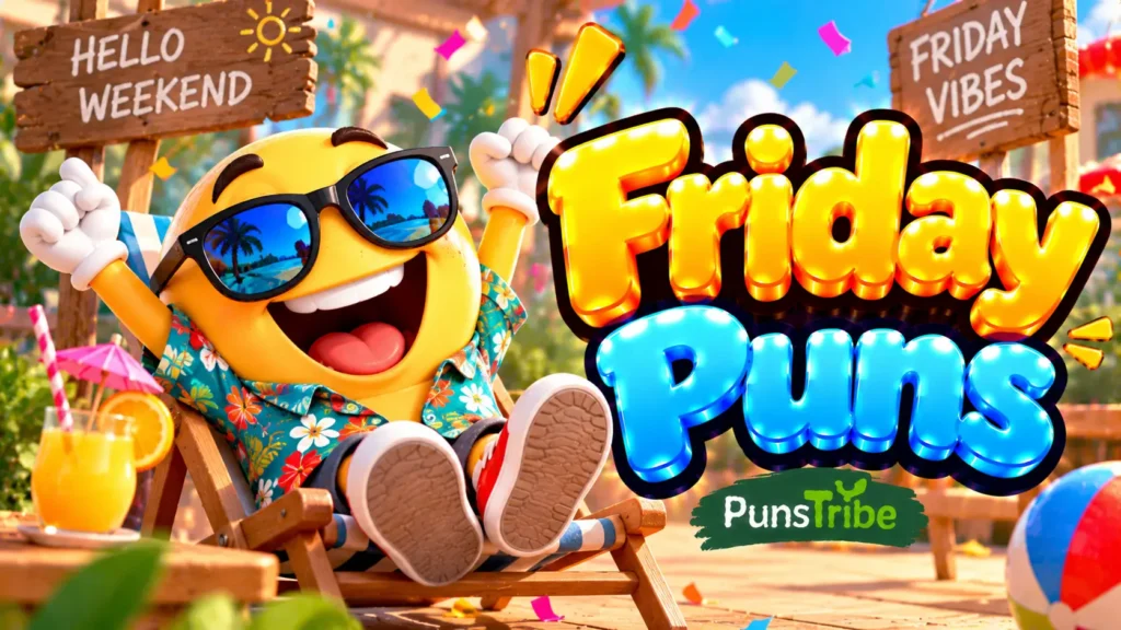 Friday Puns featured image with a smiling sun mascot, sunglasses, colorful party decorations, and glossy 3D text