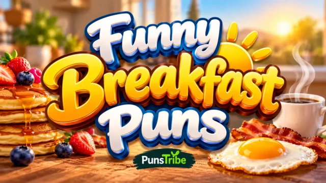 Funny Breakfast Puns featured image with pancakes, coffee, bacon, and a sunny-side-up egg
