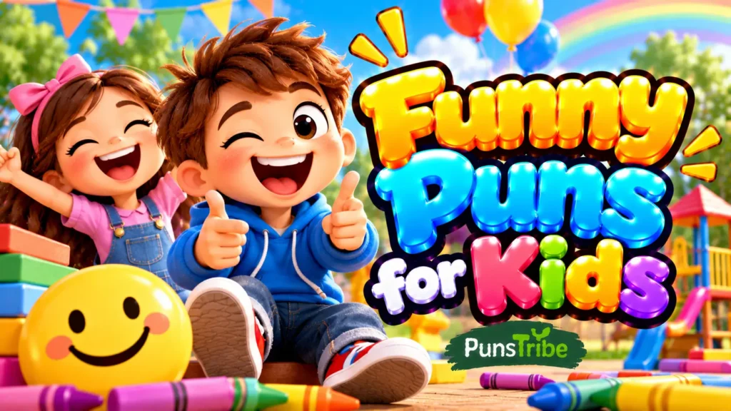 Funny Puns for Kids featured image with happy cartoon children, colorful 3D text, balloons, and toys