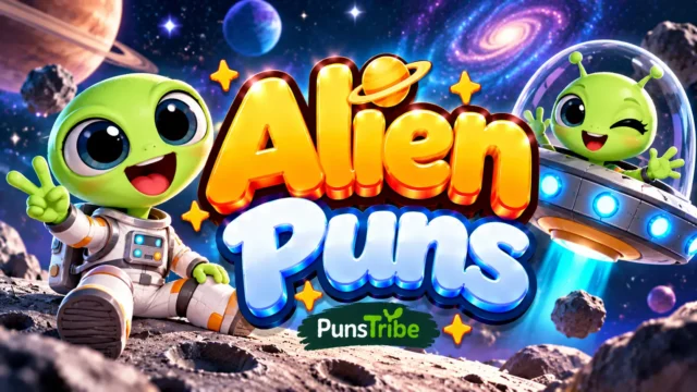 Alien Puns featured image with cute green aliens, a UFO, and bold glossy 3D typography