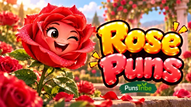 Rose Puns featured image with a smiling red rose and glossy yellow and pink 3D typography