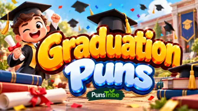 Graduation Puns featured image with a happy graduate, graduation cap, diploma, and bold 3D typography