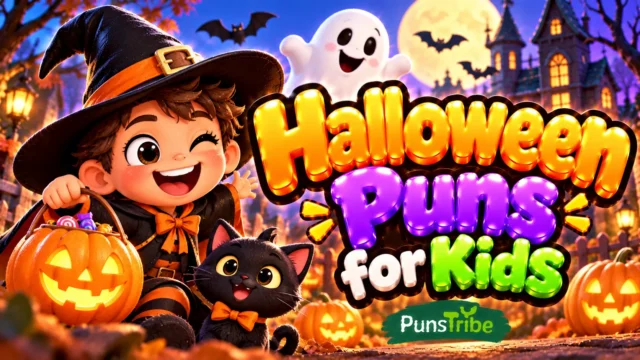 Halloween Puns for Kids featured image with a cheerful witch, smiling black cat, ghost, and glowing pumpkins