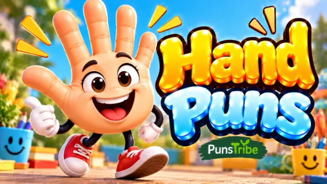 Hand Puns featured image with a cheerful cartoon hand mascot, colorful background, and bold glossy 3D typography
