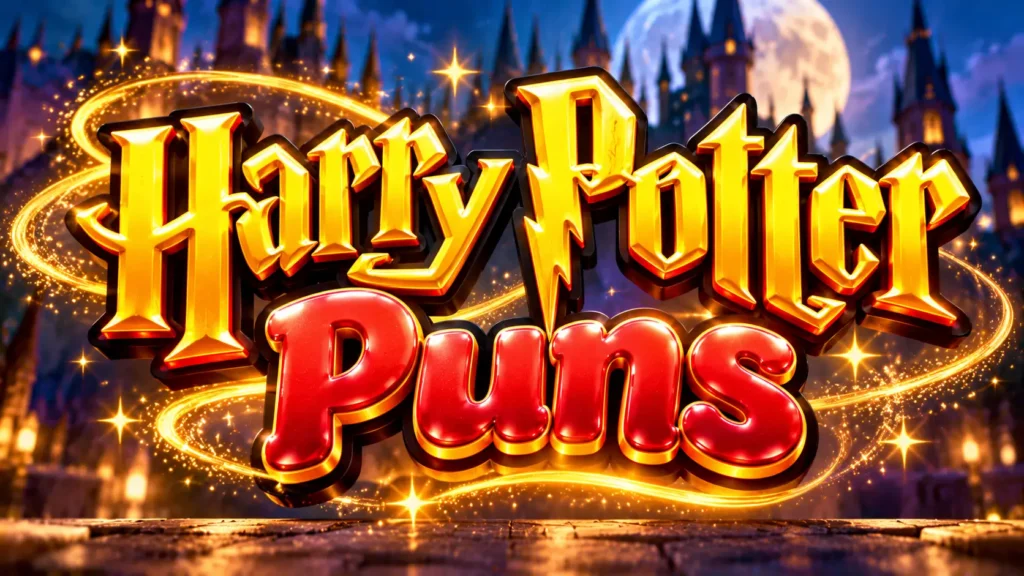 Harry Potter Puns featured image with glossy gold and red 3D typography and a magical castle background