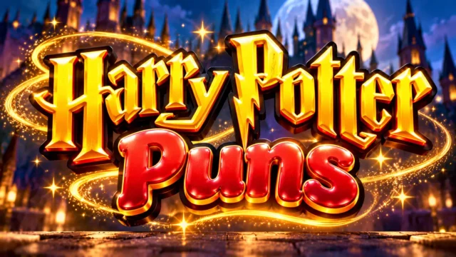 Harry Potter Puns featured image with glossy gold and red 3D typography and a magical castle background