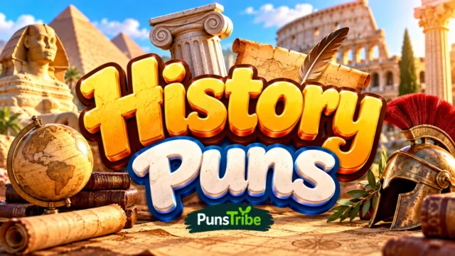 History Puns featured image with ancient ruins, pyramids, a vintage globe, and bold 3D typography