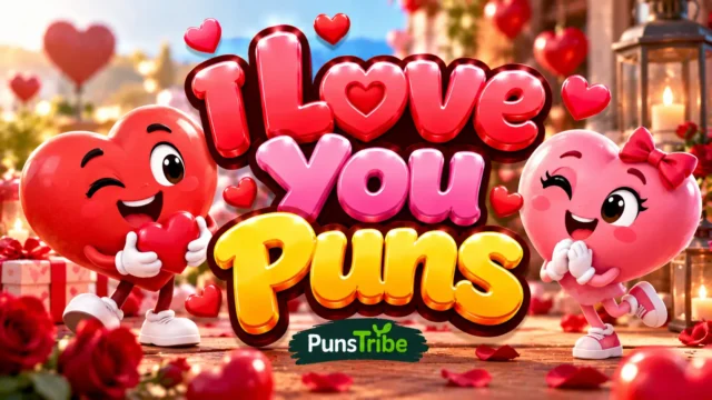 I Love You Puns featured image with glossy heart typography and cute red and pink heart characters