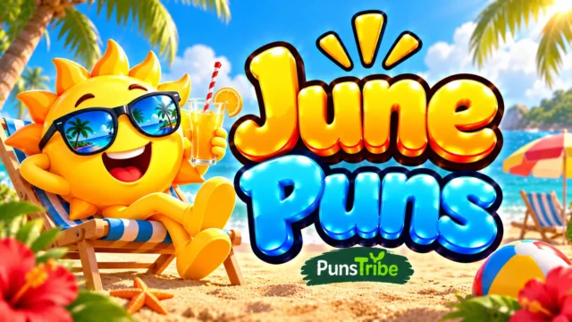 June Puns featured image with a cheerful sun mascot, tropical beach, ocean waves, and bold glossy 3D typography