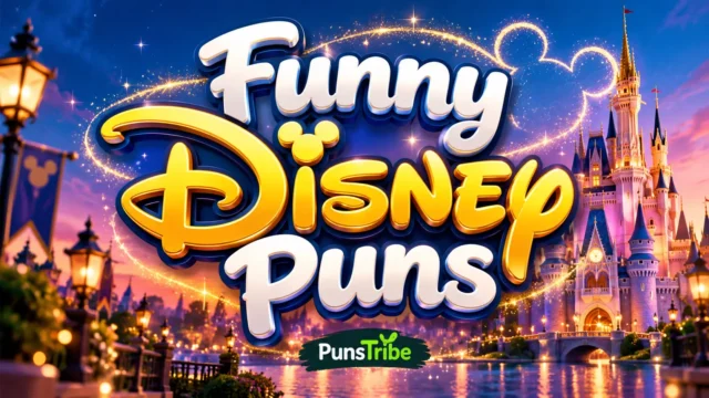 Funny Disney Puns featured image with colorful magical castle theme and bold 3D typography