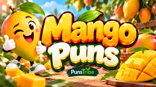Mango Puns featured image with a cheerful mango mascot, juicy mango slices, green leaves, and bold 3D text