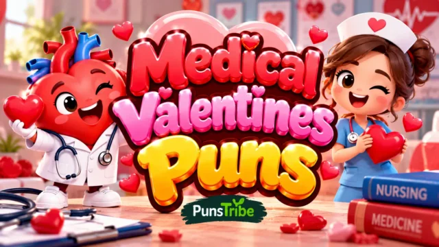 Medical Valentines Puns featured image with a heart-shaped doctor, nurse, and glossy 3D typography