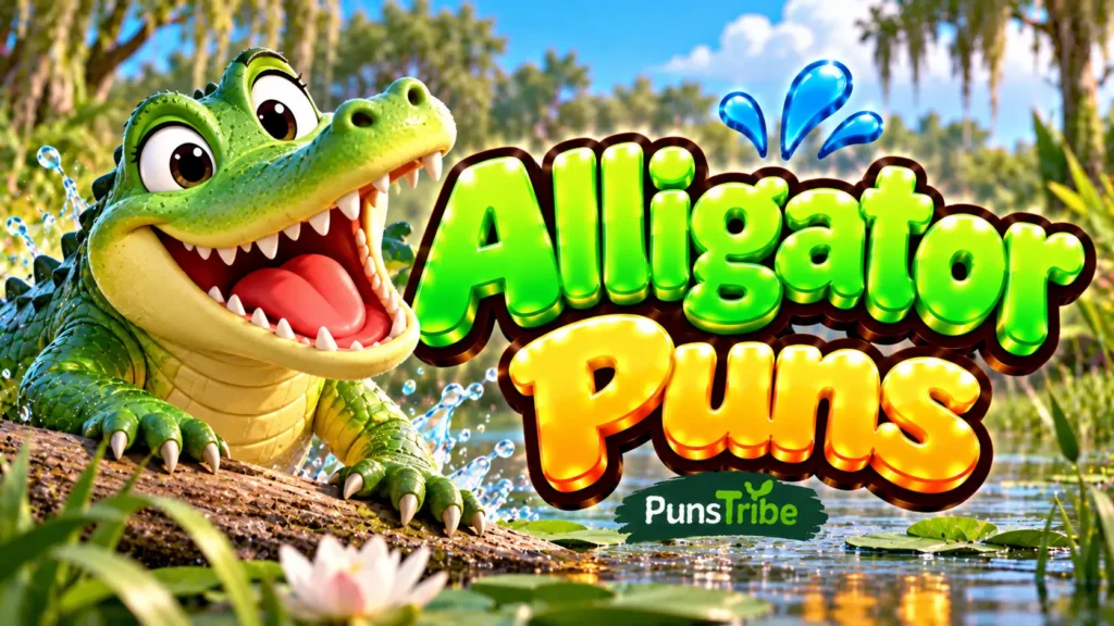 Alligator Puns featured image with a cheerful green alligator, swamp scenery, and bold glossy 3D typography