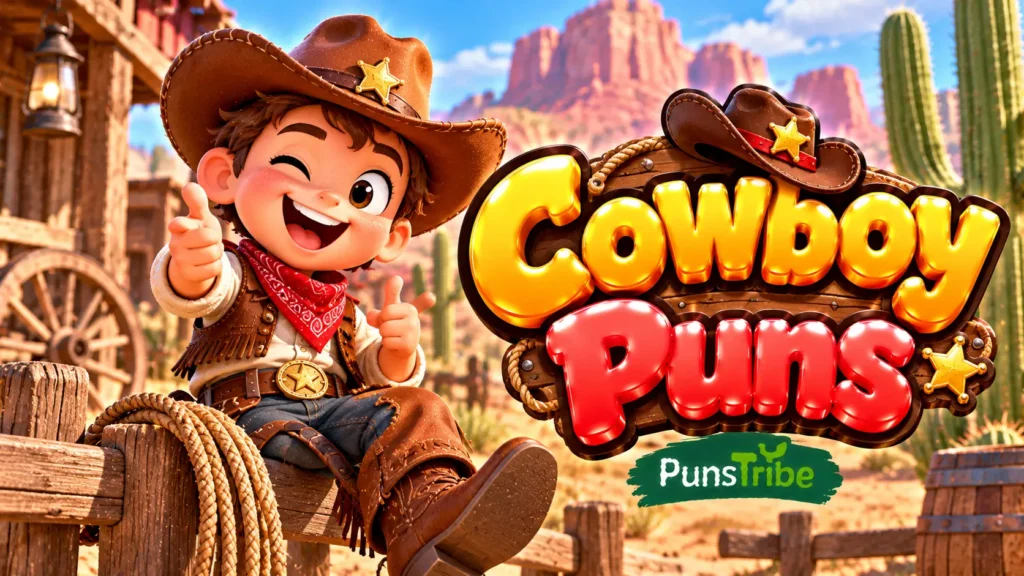 Cowboy Puns featured image with a cheerful cartoon cowboy and bold glossy gold and red 3D lettering