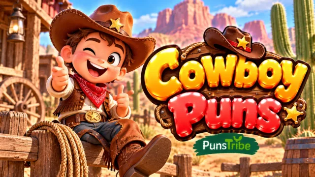 Cowboy Puns featured image with a cheerful cartoon cowboy and bold glossy gold and red 3D lettering