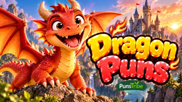 Dragon Puns featured image with a cheerful red dragon, fiery accents, a fantasy castle, and bold 3D typography