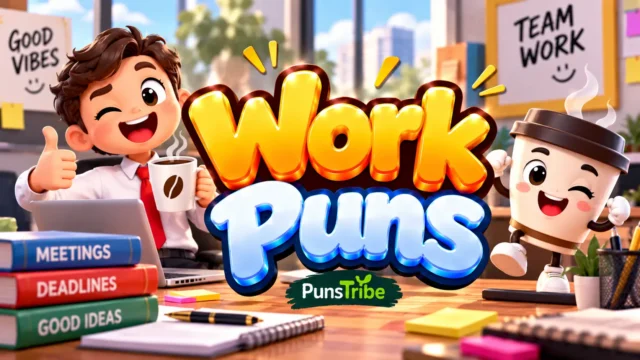 Work Puns featured image with a cheerful office worker, smiling coffee cup mascot, and bold 3D typography