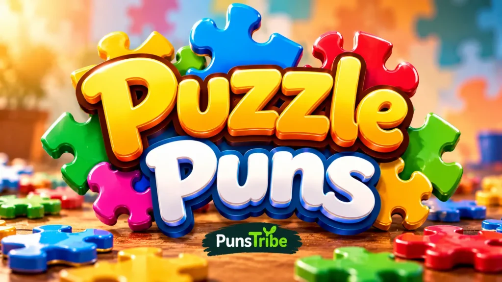Colorful jigsaw puzzle design with bold Puzzle Puns typography by Puns Tribe