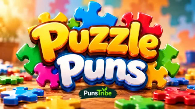 Colorful jigsaw puzzle design with bold Puzzle Puns typography by Puns Tribe