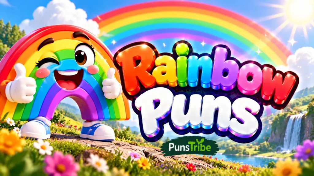 Rainbow Puns featured image with a cheerful rainbow mascot, colorful 3D lettering, and a sunny landscape