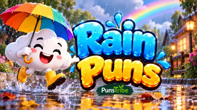 Rain Puns featured image with a smiling cloud, colorful umbrella, rainbow, and glossy 3D typography