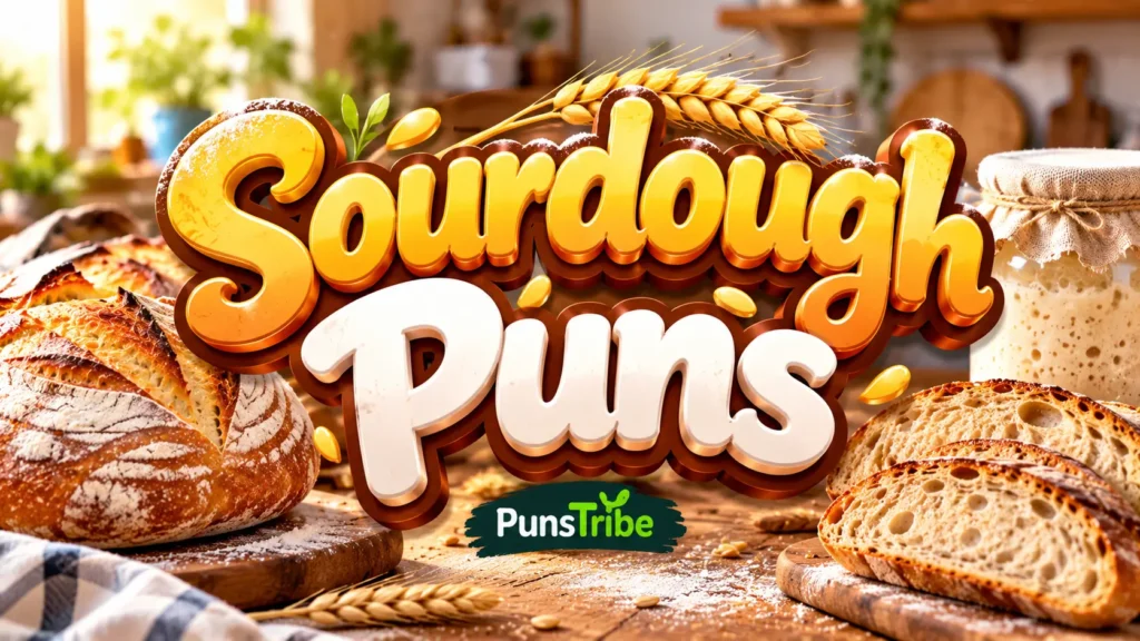 Sourdough Puns featured image with rustic bread, wheat, and bold 3D typography