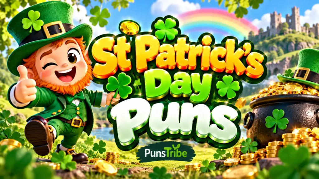 St Patrick's Day Puns featured image with a cheerful leprechaun, shamrocks, gold coins, and a rainbow