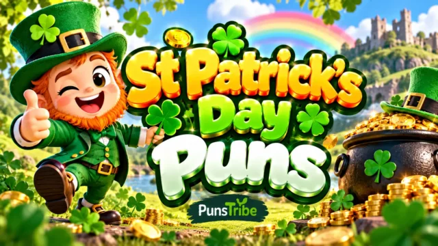St Patrick's Day Puns featured image with a cheerful leprechaun, shamrocks, gold coins, and a rainbow