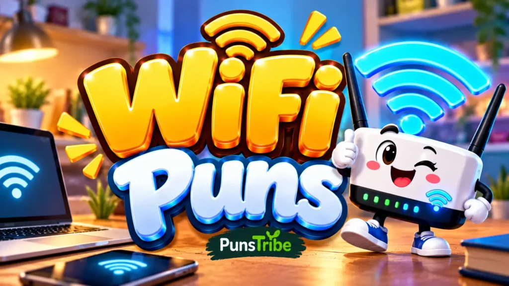 WiFi Puns featured image with a smiling router mascot and bold yellow and blue 3D typography