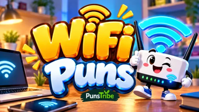 WiFi Puns featured image with a smiling router mascot and bold yellow and blue 3D typography