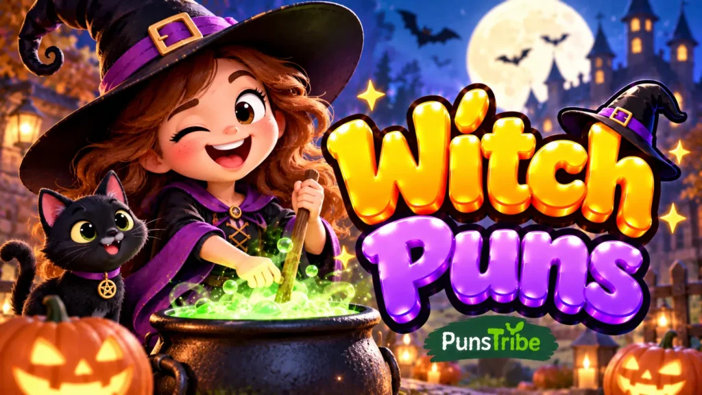 Witch Puns featured image with a smiling witch, black cat, glowing potion, and glossy 3D typography