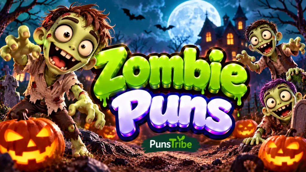 Zombie Puns featured image with goofy green zombies, glowing pumpkins, and bold glossy 3D typography
